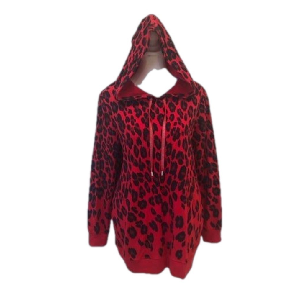 Chico’s Size 1 animal print hooded lightweight sweatshirt. Red black pockets